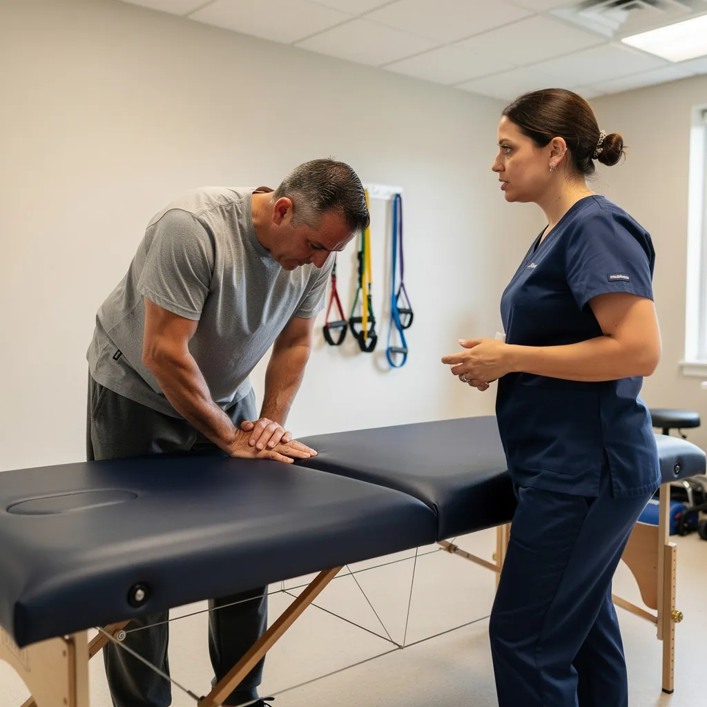 A physical therapist in navy scrubs talks with a man in a gray T-shirt as he leans forward on a treatment table.
