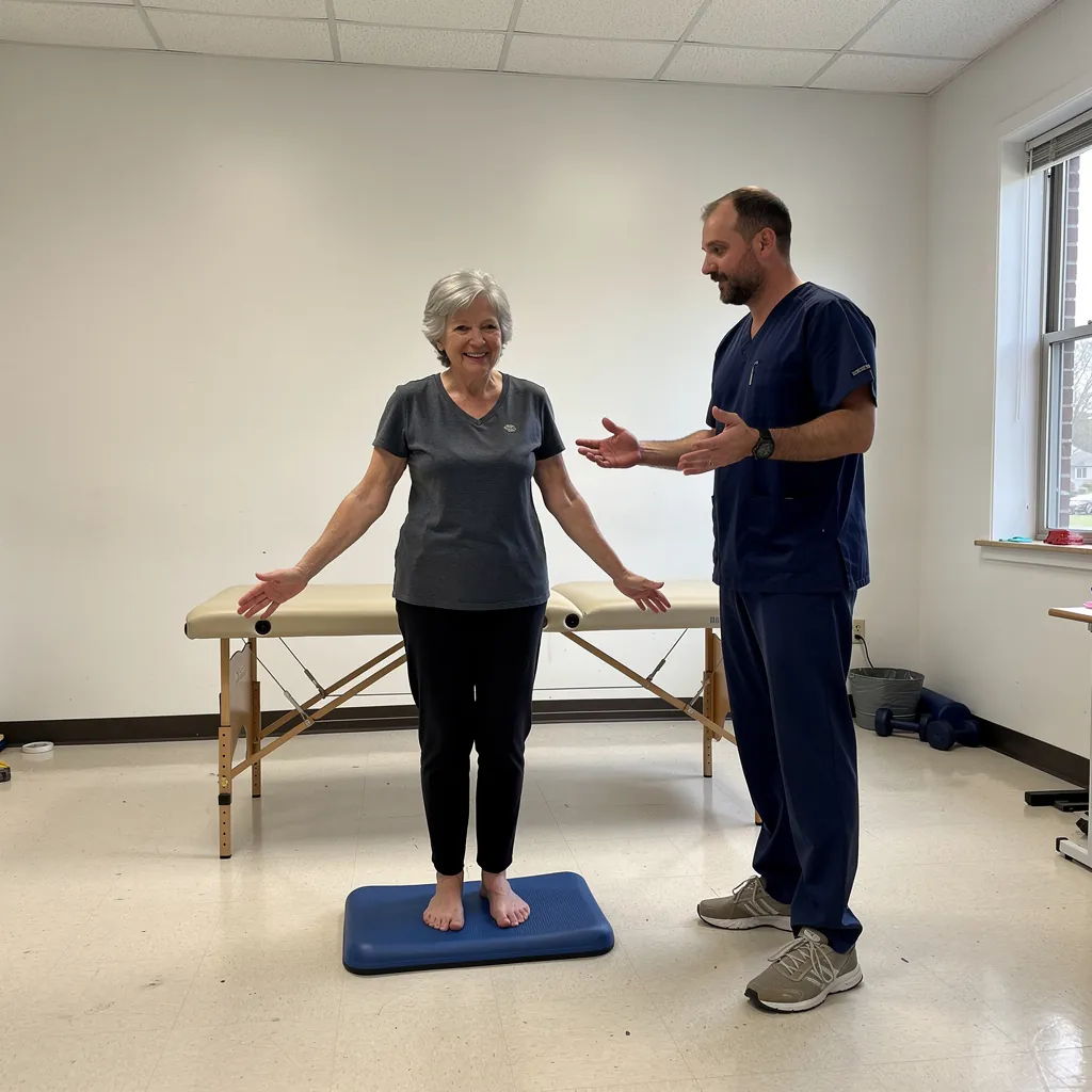 A woman stands on a soft foam pad with her arms slightly out while her physical therapist stands close beside her.
