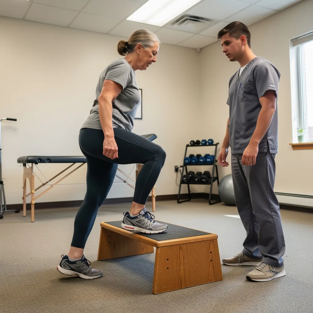A woman steps up onto a low wooden step while her physical therapist stands beside her, watching.