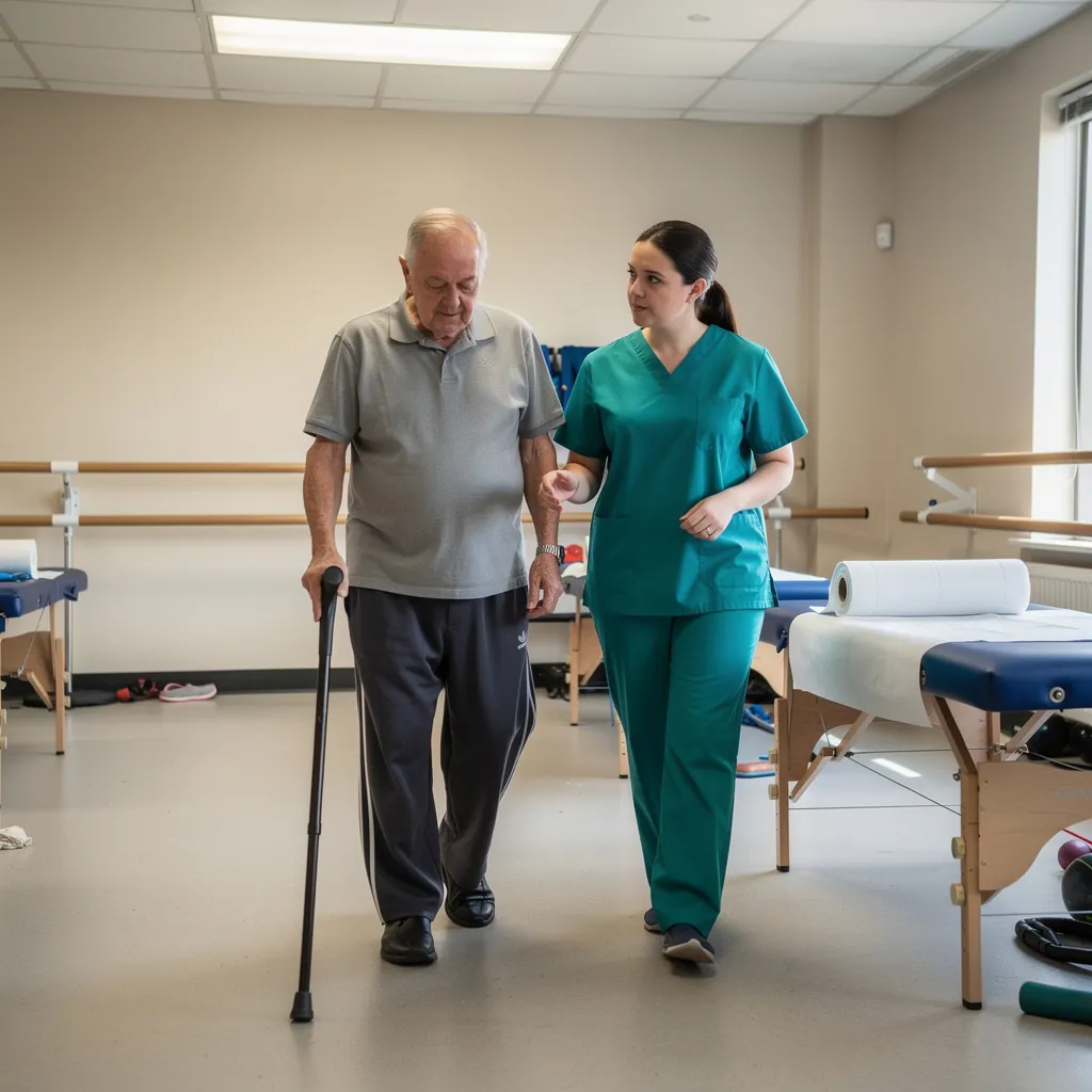 An older man walks slowly across the clinic with a cane while his physical therapist walks beside him.