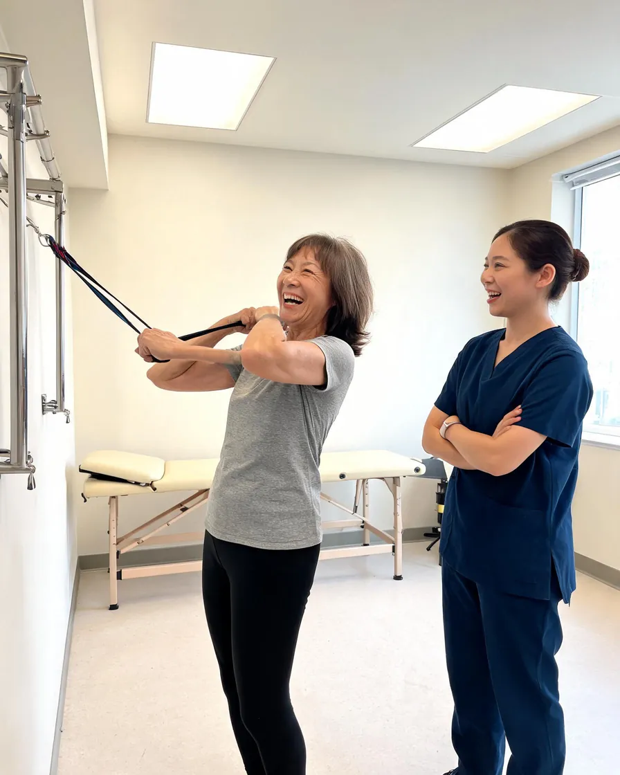 A woman pulls a resistance band tied to a wall bar, laughing, while her physical therapist watches with her arms folded.