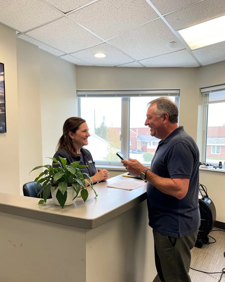 At the front desk, the smiling receptionist talks with a man who is holding his phone.