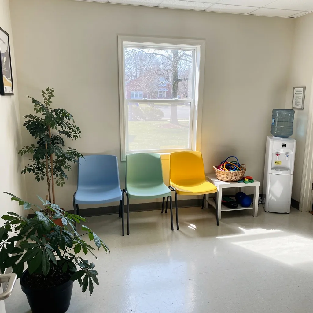 The bright waiting area, with chairs in cheerful colours, a plant and a water cooler.